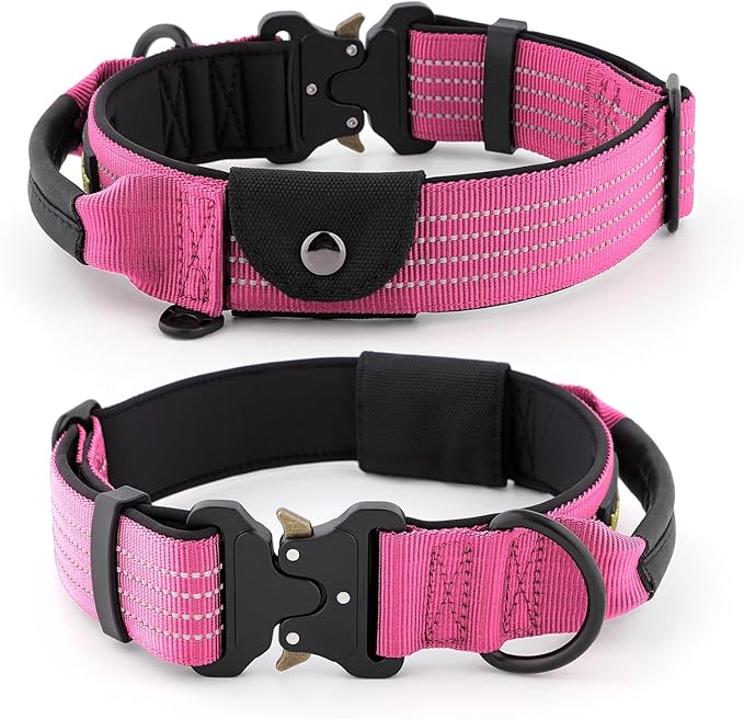 Plutus Pet Tactical Dog Collar with Tracker Pocket for AirTag, Adjustable Reflective Nylon Collar, Metal Buckle, Leather-Wrapped Handle, Soft Padded for Medium Large Dogs (Pink, S)