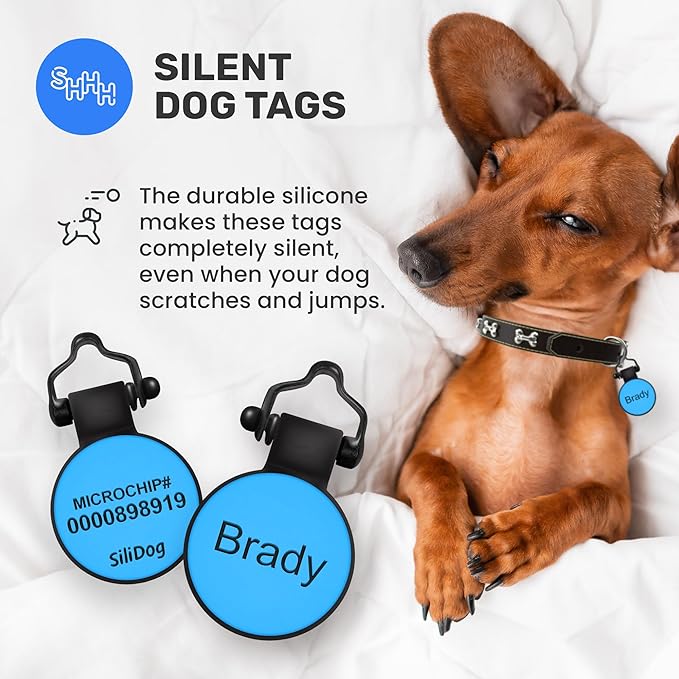 SiliDog - The Original Silicone Silent Dog Tag - Personalized Engraved Soundless Pet ID - As Seen On Shark Tank - Durable - Never Fades - Circle - Blue