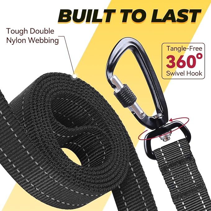 VIVAGLORY Dog Leash Lighthook Double Handle Dog Leash with Traffic Handle & Locking Carabiner for Walking & Training, Traffic Control Lightweight Carabiner for Puppy Pet, 4ft x 1in, Black