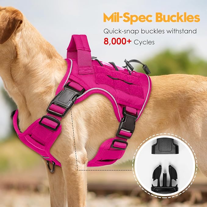 Heavy-Duty Tactical Dog Harness for Large Dogs, No Pull Adjustable Reflective Pet Vest with Molle System, K9 Military-Grade Control for Service Training, Outdoor & 10+ Breeds, Hot Pink, Medium