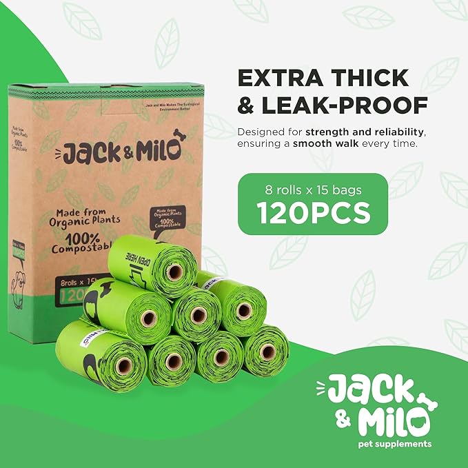 Jack & Milo Dog Waste Bags Environmentally Friendly - Reusable Bag Container - Leak Proof Dog Poop Bag - Extra Thick and Sturdy - 8 Rolls x 15 Bags