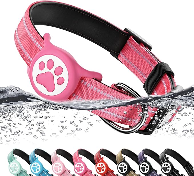 Airtag Dog Collar, Reflective Ultra-Durable Nylon Padded with QR Code Buckle & IP68 Waterproof Air Tag Holder Compatible for Apple AirTag, Comfortable for Small Medium Large Dogs(Hot Pink,M)