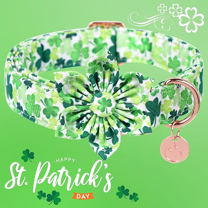 DOGWONG St. Patrick's Day Dog Collar-Cute Clovers Dog Collar with Flower, Cotton Trefoil Bowtie Dog Collars with Metal Buckle for Small Medium Large Dogs