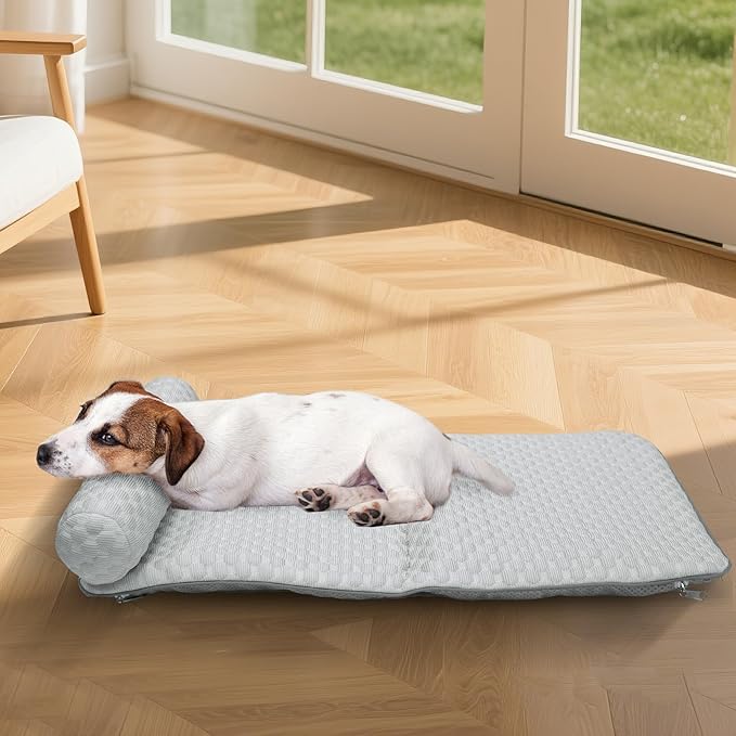 Pet Cooling Mat for Cats and Small Dogs, Self Cooling Fabric with Supportive Pillows, Lightweight, Soft and Comfortable, Leak-Proof, Non Gel, Washable, Cozy Sleeping mat, Indoor/Outdoor