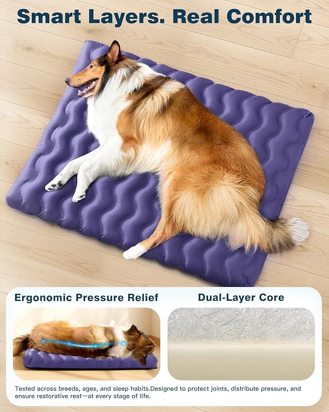 Orthopedic Dog Bed Outdoor Waterproof Dogs Crate Bed for Large Medium Small Dogs, Washable Cooling Dog Bed Mat with Removeable Cover & Memory Foam（41" x 27", Purple