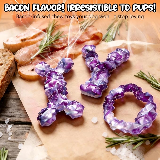 3 Pack Tough Dog Chew Toys for Aggressive Chewers - Bacon Flavored, Suitable for Small Medium Large Dogs, Almost Indestructible Toys to Keep Them Busy & Teething Cleaning