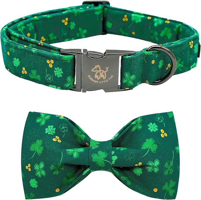 Elegant little tail St. Patrick's Dog Collar, Green Clover Print Sturdy Soft Dog Collars Pet Gift Puppy Bowtie Adjustable Pet Collars for Small Dogs