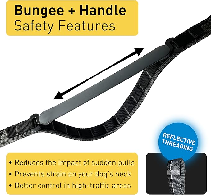 Hands Free Dog Leash - Waist or Shoulder Leash for Walking and Hiking with Medium and Large Dogs, Adjustable 4 to 6 FT Outdoor Bungee Lead with Traffic Handle by Nuvuq (18-120 lbs, Black)