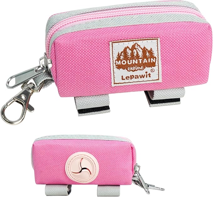 Dog Poop Bag Holder Zippered Pouch, Portable Dog Poop Bag Dispenser with 1 Metal Clip, Fashion Color Matching Canvas Waste Bag Holder for Leashes - Pink