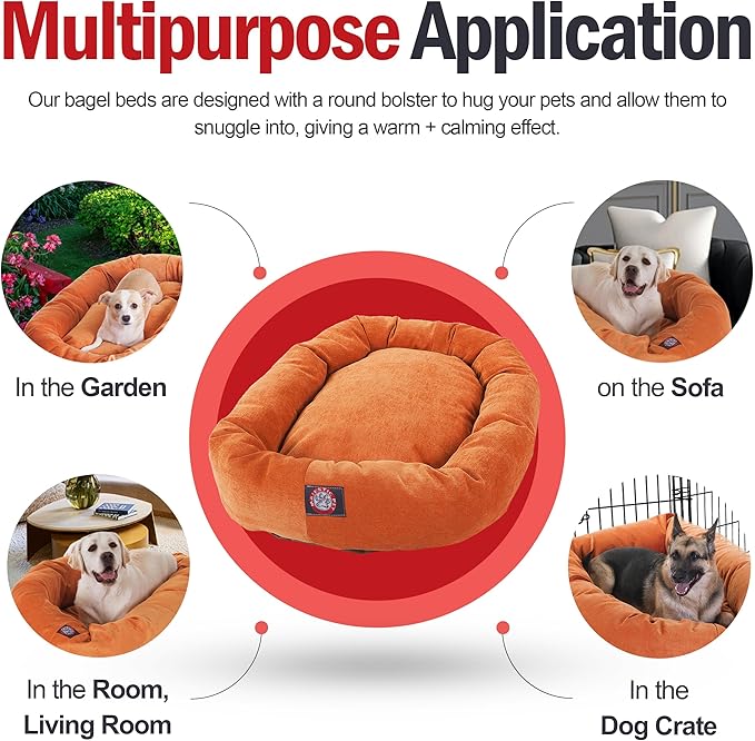 Majestic Pet 40 Inch Micro Velvet Calming Dog Bed Washable – Cozy Soft Round Dog Bed with Spine for Head Support - Fluffy Donut Puppy Mat 40x29x9 (inch) Large – Orange (2025)