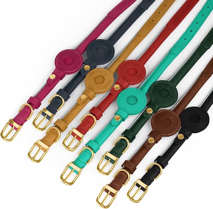 OOPSDOGGY Rolled Leather Dog Collar with Airtag Holder - Reflective Round Airtag Dog Collar - Soft Tracking Pet Collar for Small Dogs Puppy Cats Kitten (Pink, M, 12"-15")