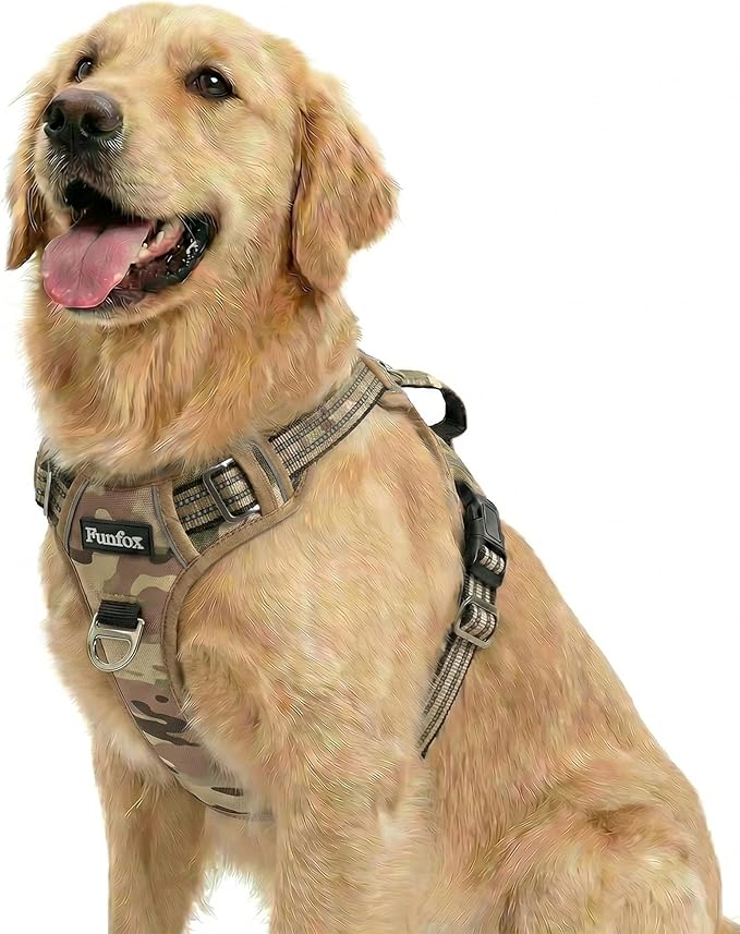 Funfox Dog Harness No Pull, Adjustable Pet Vest Harness, Super Soft Material with Vertical Handle Easy Control, Reflective Night Walking, 2 Leash Clips for XLarge Dogs, Camo Brown, XL