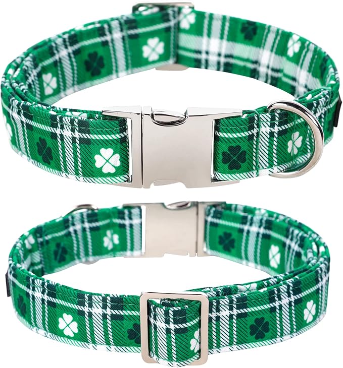 Lionet Paws St Patricks Day Dog Collar with Flower, Irish Green Shamrock Clover Flower Collar with Metal Buckle for Dogs, Adjustable Comfortable Dog Collar Girl, L, Neck 16-24 in