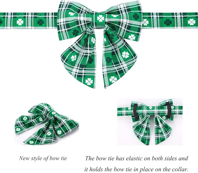 Lionet Paws St Patricks Day Dog Collar with Bowtie, Irish Green Shamrock Clover Sailor Bow Collar with Metal Buckle for Dogs and Cats, Adjustable Cute Dog Collar Girl, S, Neck 10-16 in