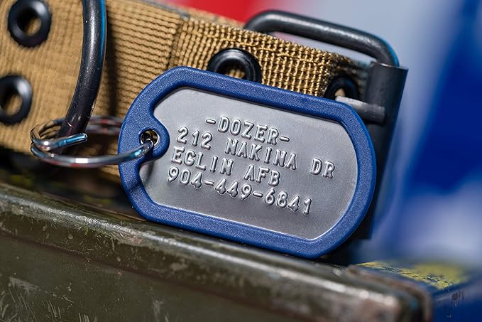 Dog Tags for Dogs, Custom Dog Collar ID Tag Personalized for Pets - Super Tough, Quiet Embossed Military Style Stainless Steel Dog Name tag (Blue)