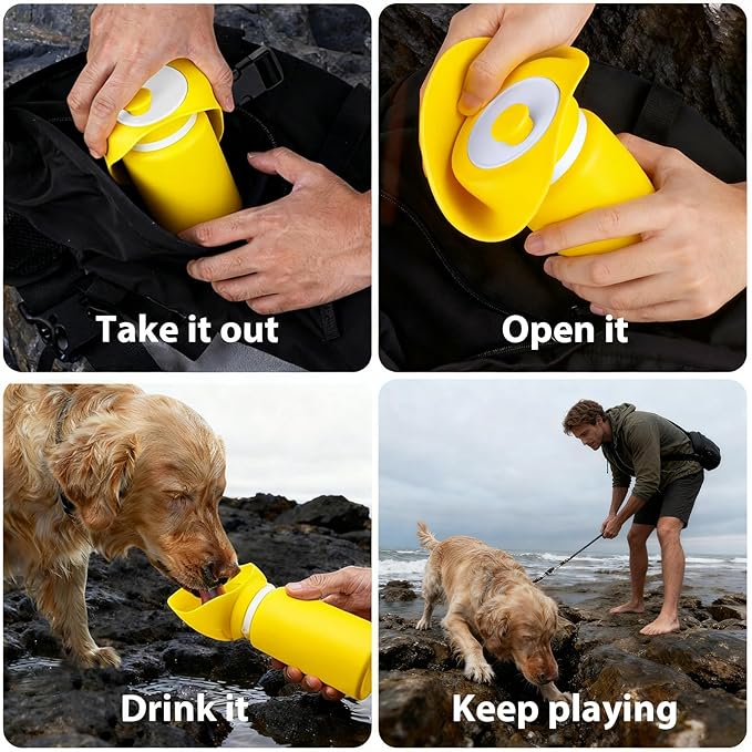 Portable Dog Water Bottle, 2-in-1 Leak Proof & Collapsible Silicone Pet Dispenser with Built-in Bowl, Food Grade Travel Cup for Walking, Hiking (19oz/550ml, Yellow)