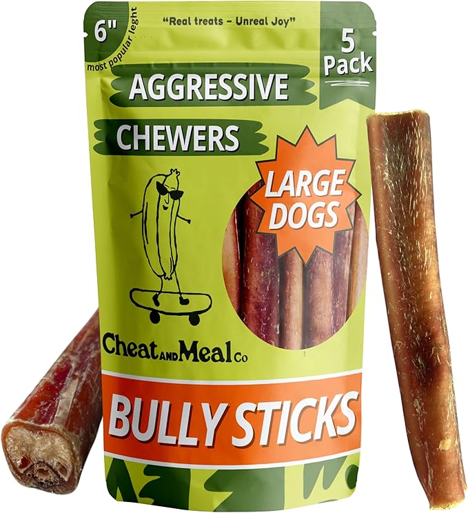 Bully Sticks for Large Dogs, (6 Inch, 5 Count), Dog Chew Toy for Aggressive Chewers Single Ingredient, 100% Beef Pizzle, Grass-Fed, Rawhide-Free, Grain-Free