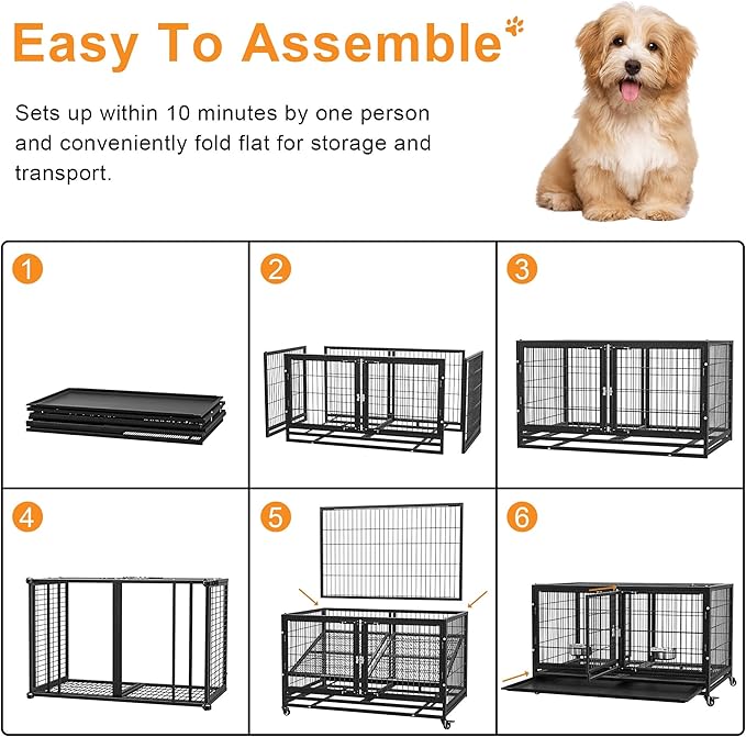 48 inch Heavy Duty Dog Crate for Large Dogs, Stackable Dog Kennels and Metal Wire Cages with Feeding Bowls, Leak-Proof Pans, Removable Wire Trays and Divider, Extra Large XL XXL