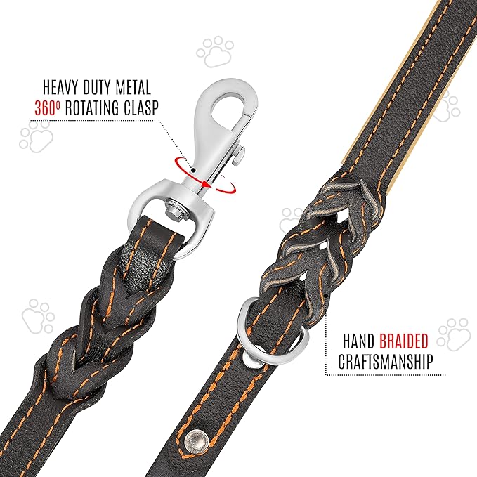 Riparo Leather Dog Leash 6ft with 2 Handles Padded Handle for Control, Leather Dog Leashes for Small Medium Breed Dogs Training Walking Leather Leashes for Dogs (Black/Orange Thread, M: 1/2" x6ft)