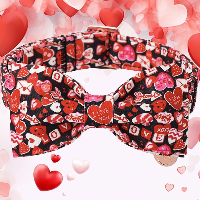 DOGWONG Valentine's Dog Collar with Bow - Cute Heart Bowtie Dog Collars, Adjustable Valentine Pink Candy Heart Pet Design Dog Collar with Quick Release Buckle for Puppy Girl Boy Dogs