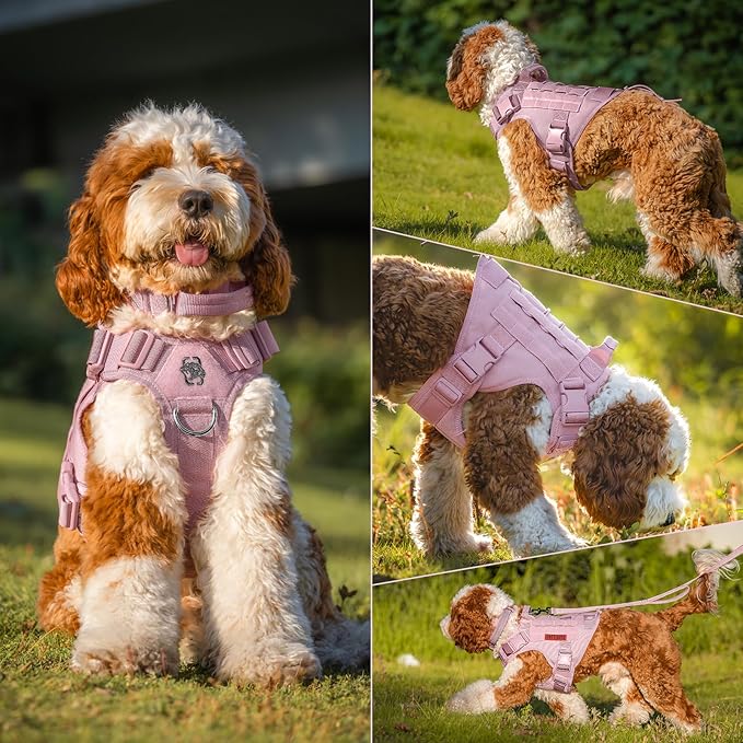 OneTigris Tactical Dog Harness Vest,No-Pull Service Dog Vest with Hook & Loop Panels,Adjustable Dog Vest Harness for Walking Hiking Training(Pink,M)