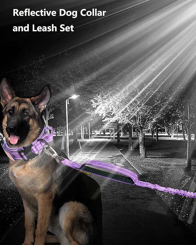 AUBELL Tactical Dog Collar and Leash Set, Reflective Adjustable Heavy Duty Military K9 Collars with Handle and Metal Buckle for Extra Large Dogs, with Airtag Case and 2 Patches(Purple,XL)