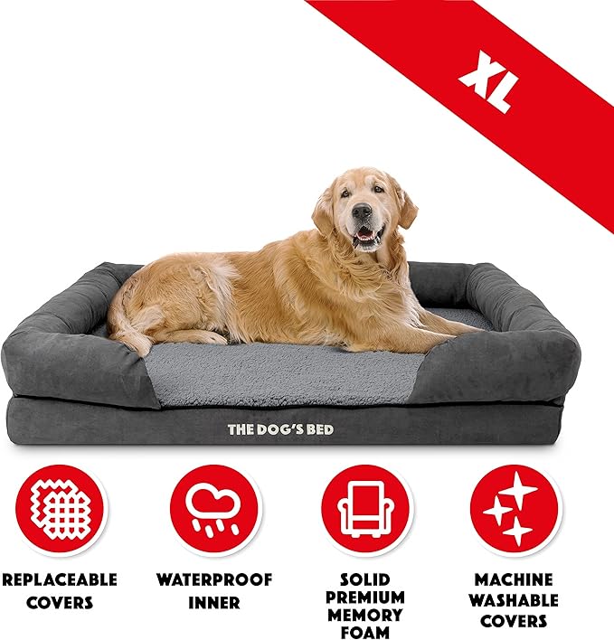 The Dog’s Bed Orthopedic Memory Foam Dog Bed with Bolsters, Plush Fabric, Grey Plush, XL
