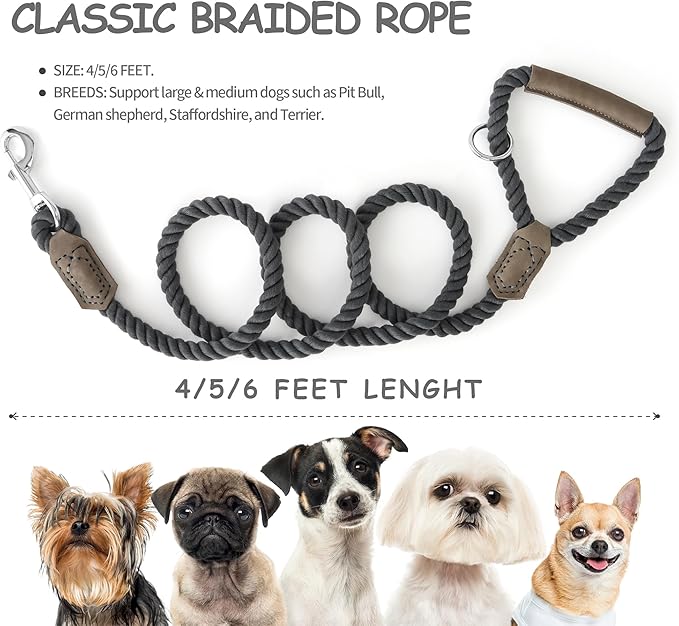 Mile High Life Dog Leash, Braided Cotton Rope Leashes with Leather Handle - Heavy Duty Metal Clasp, 6FT, 1/2" Thick - Wedding, Walking & Training Leash for Small Medium Large Dogs (Gray)