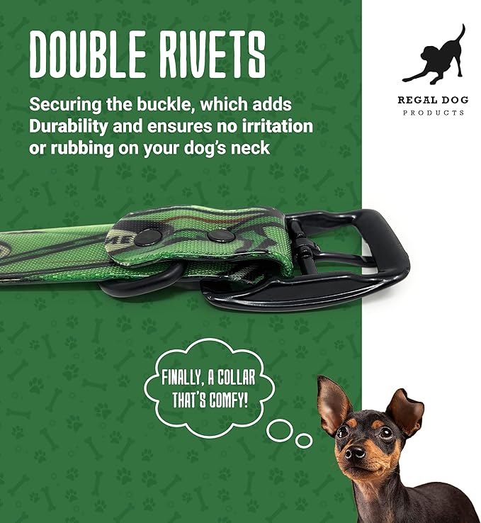 Regal Dog Products Green Camo Hunting Dog Collar with Custom Engraved Name Plate and Heavy Duty Black Hardware Center Ring | Waterproof Personalized Dog Collars | Other Sizes for Small, Medium & Large