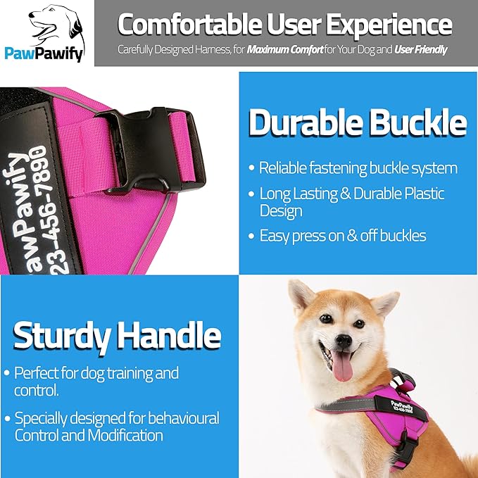 PawPawify Personalized No Pull Dog Harness with 2 Custom Name & Phone Patches, Reflective Breathable Pet Vest for Walking Training, Adjustable Heavy Duty Service Dog Vest for Small Medium Large Dogs