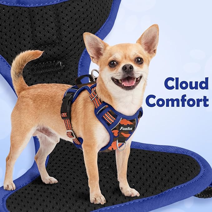 Funfox Dog Harness No Pull, Adjustable Pet Vest Harness, Super Soft Material with Vertical Handle Easy Control, Reflective Night Walking, 2 Leash Clips for XLarge Dogs, Camo Orange, XL
