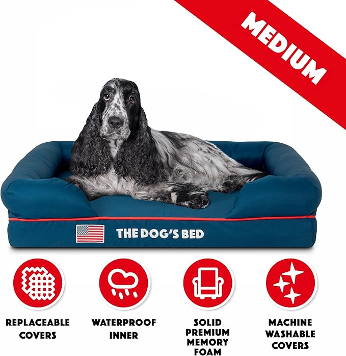 The Dog’s Bed Orthopedic Memory Foam Dog Bed with Bolsters, Oxford Fabric, Blue with Dark Red Trim, Medium