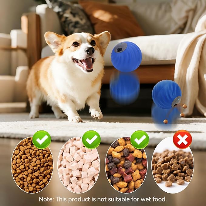 Interactive Dog Ball, USB Rechargeable Automatic Moving Dog Toy with Treat Dispenser, 2.87-Inch Washable TPU Puzzle Ball for Small & Medium Dogs, Exercise & Mental Stimulation – Blue