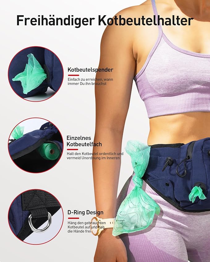 AGPTEK Dog Walking Fanny Pack, Large Capacity Dog Training Treat Pouch, Waist Bag with Removable Snack Pouch, Water Holder, Poop Bag Dispenser, Waterproof Zipper, Adjustable Strap, Dark Blue