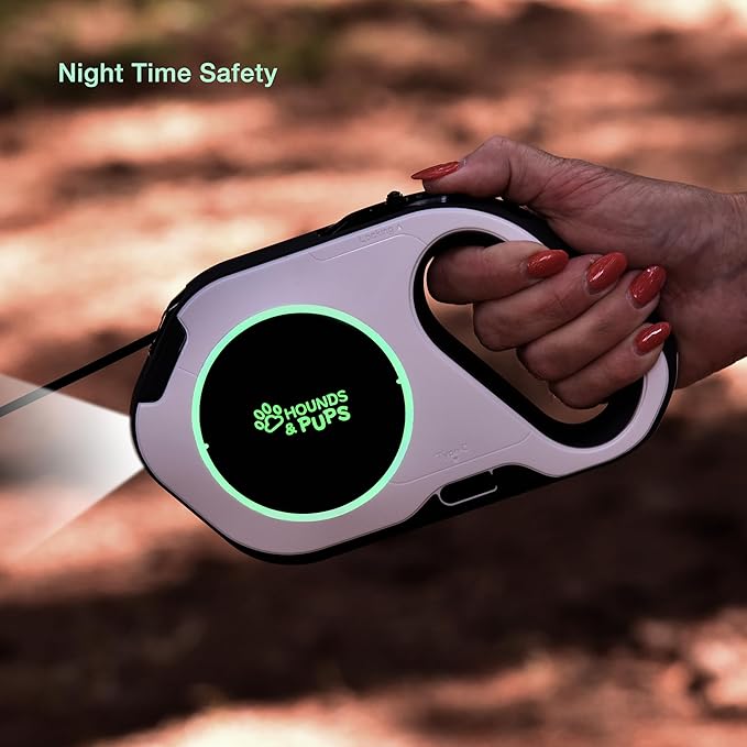 Hounds & Pups Retractable Dog Leash, 15 ft Length, LED Light for Night Walks (Pink)