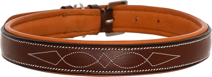 Exion Geniun Leather Dog Collar Designer Stitched Soft Leather Padded- Suitable for Small Medium Large X-Large Dogs for Walking Running- Oak Brown with Conker Padding
