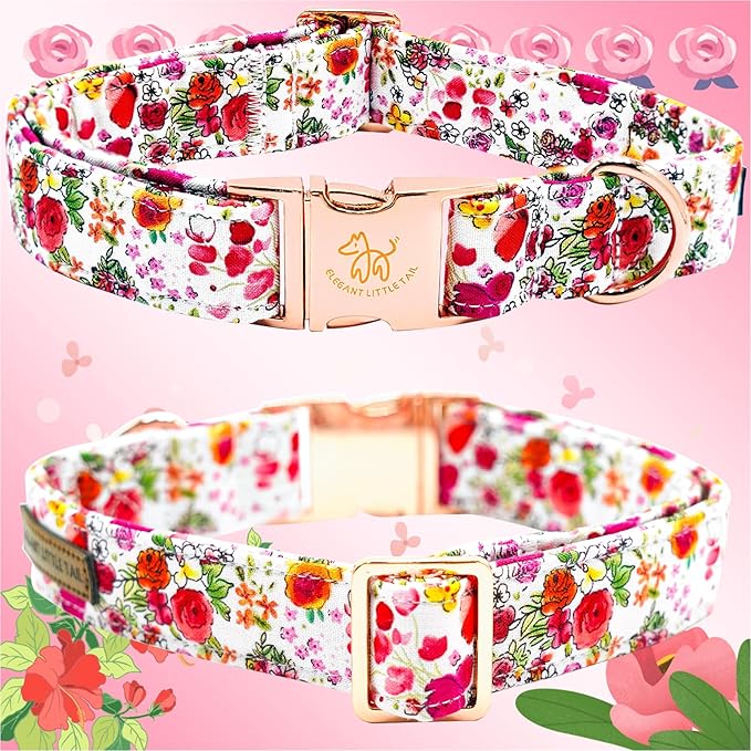 Elegant little tail Dog Collar, Pink Rose Print Pet Collar Summer Dog Collar Durable Metal Buckle Dog Collars Cotton Pet Adjustable Dog Collars for X-Small Dogs