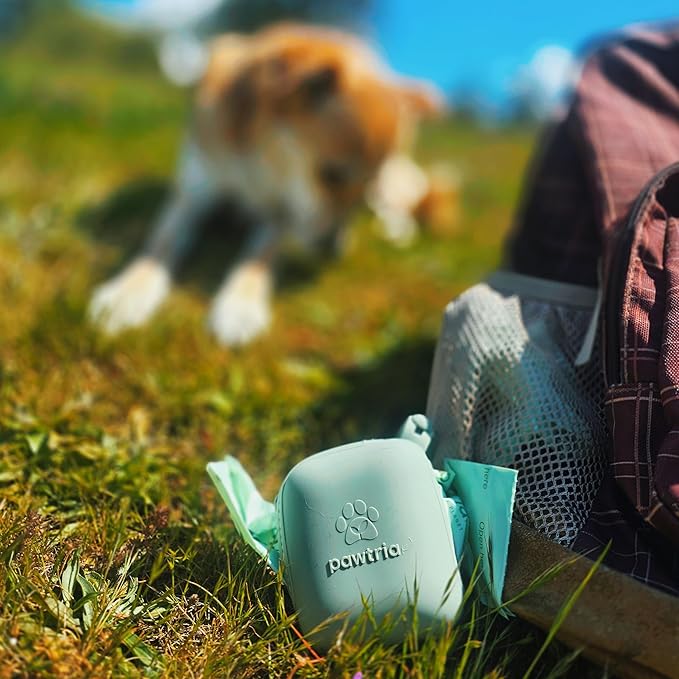 Premium Silicone Dog Poop Bag Dispenser (Matte Green) with 1 Roll of Pawtria's Dog Poop Bags, BPA-Free, Leak Proof, Zero Waste, Zero Plastic, Supports Rescue Dogs (Dispenser + 15 Poop Bags)