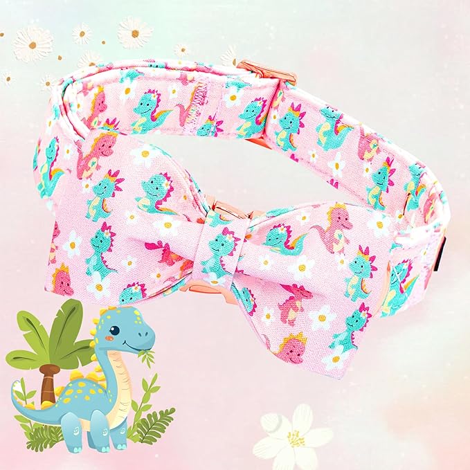Lionheart glory Dog Bow Collar Dinosaurs Pattern Cute Collars for Large Dogs,Soft Duty Adjustable Dog Collar with Bowtie Spring Summer Puppy Collars Bows Pet Gift
