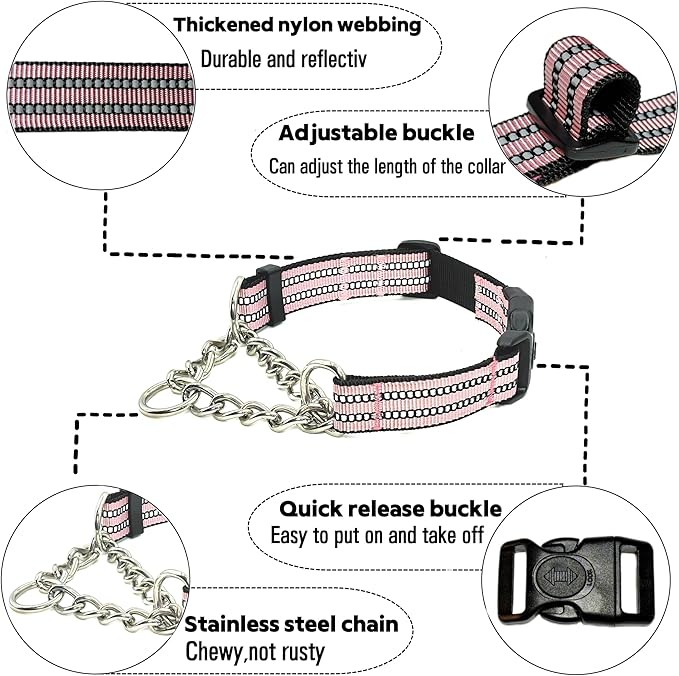 Martingale Dog Collars, Reflective Nylon Collar with Stainless Steel Chain, Adjustable Walking Training Dog Collars with Quick Release Buckle, Suitable for Small Medium Large Dogs(Pink,M)