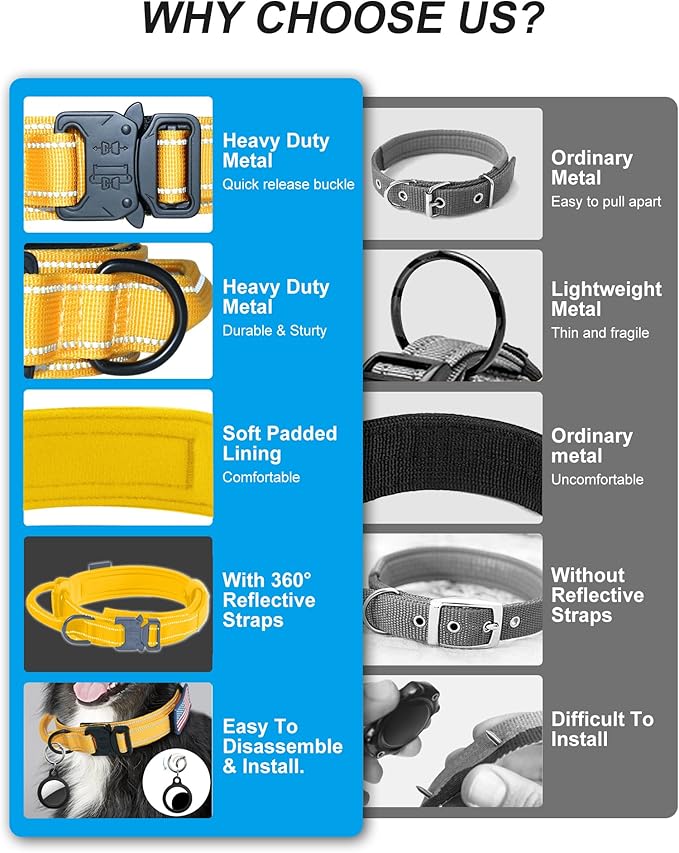AUBELL Reflective Tactical Dog Collar,Adjustable Military Heavy Duty K9 Collars with Handle and Quick Release Metal Buckle Great for Medium Dogs, with Airtag Case and 2 Patches (Yellow,M)