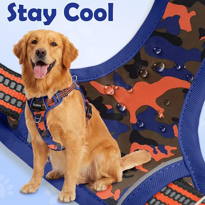Funfox Dog Harness No Pull, Adjustable Pet Vest Harness, Super Soft Material with Vertical Handle Easy Control, Reflective Night Walking, 2 Leash Clips for XLarge Dogs, Camo Orange, XL