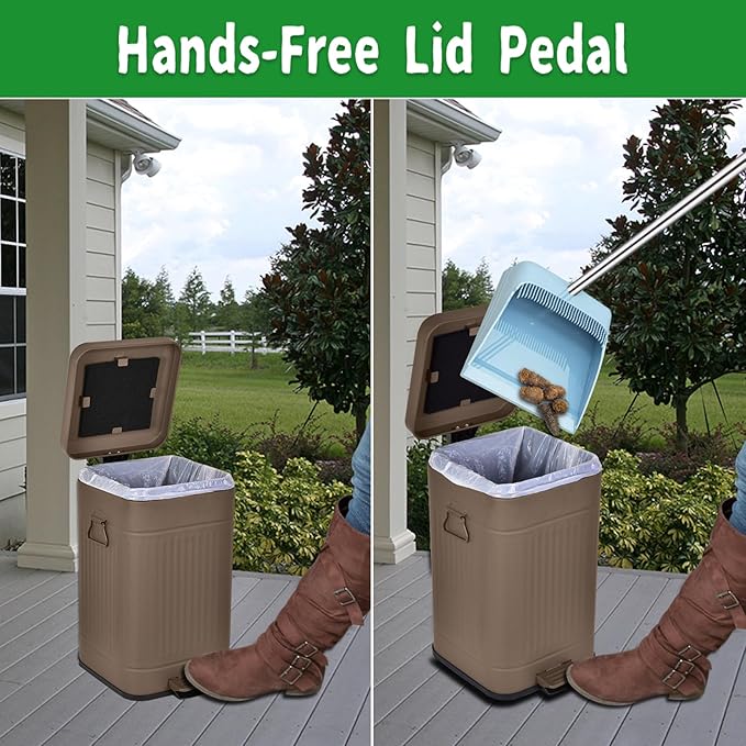Dog Poop Trash Can with Lid for Outdoors，3.2 Gallon Trash Can with Activated Carbon Filter & Plastic Bags, Pet Waste Container，UP12L-Brown-F+90BK