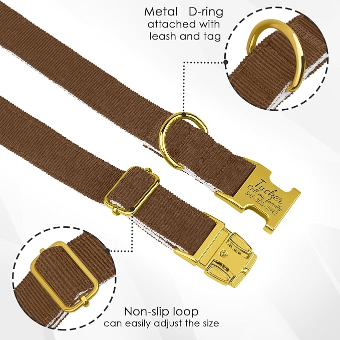 Personalized Dog Collar with Gold Metal Buckle, Velvet Custom Dog Collars for Small, Medium & Large Dogs – Puppy Collars with Metal Buckle, 4 Sizes, 8 Colors (Brown, M, 12"-15")