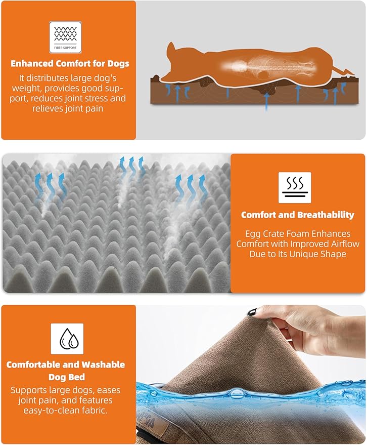 Sytopia Indestructible 36 Inch Orthopedic Waterproof Dog Crate Bed chew Proof for Large Dogs, Removable Washable Cover, Egg Crate Foam Mat, Suitable for Dogs Up to 60 Lbs, Brown