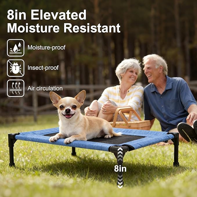 Elevated Outdoor Dog Bed, Raised Pet Cot for Medium and Large Dogs, Cooling Breathable Mesh, Durable Sturdy Frame, Washable Cover, Portable and Easy to Assemble Indoor/Outdoor Pet Bed, Blue, S