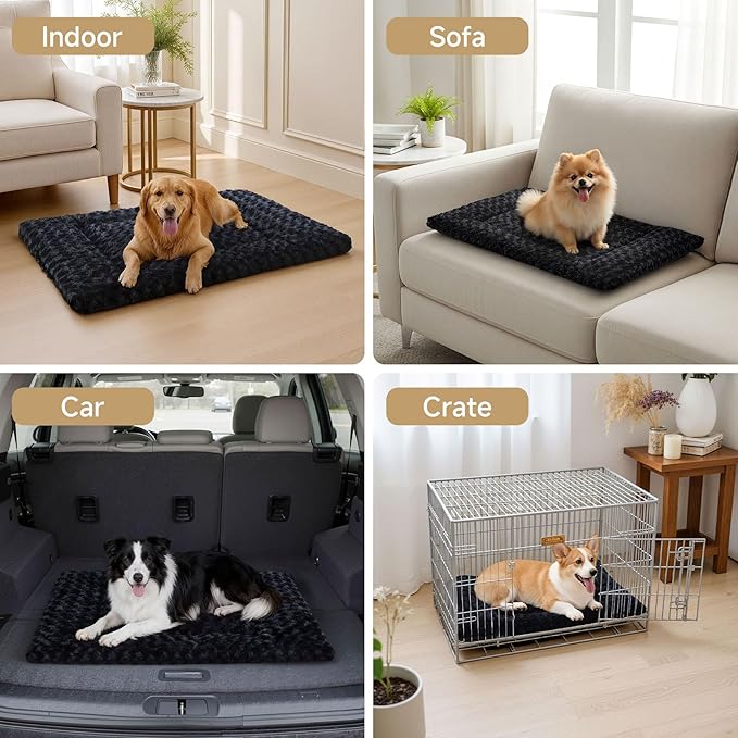 Washable Dog Bed Mat Soft Dog Crate Pad Fluffy Pet Kennel Beds Sleeping Mattress with Non-Slip Bottom for Large Jumbo Medium Small Dogs, 29 x 18 Inch, Black