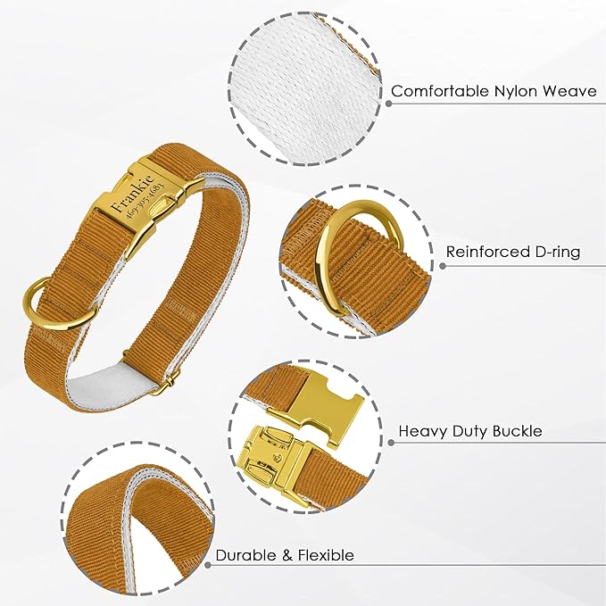 Personalized Dog Collar with Gold Metal Buckle, Velvet Custom Dog Collars for Small, Medium & Large Dogs – Puppy Collars with Metal Buckle, 4 Sizes, 8 Colors (Light Brown, M, 12"-15")