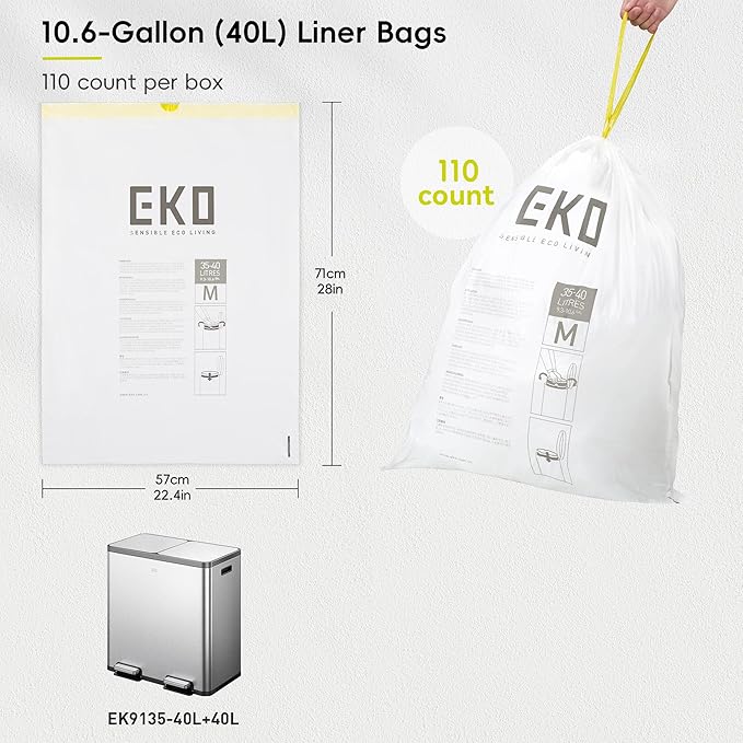 EKO 10.6 Gallon / 35–40 Liter Drawstring Trash Bags, 110 Count Heavy-Duty Tall Kitchen Garbage Can Liners, Extra-Strong Leak-Resistant, Unscented, White, Code M