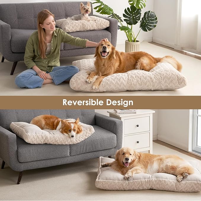 EHEYCIGA Washable Large Dog Bed for Crate 35x23 Inch, Reversible Kennel Pad for Dogs Weight Up to 45 lbs, Plush and Comfy Pet Sleeping Mat, Beige